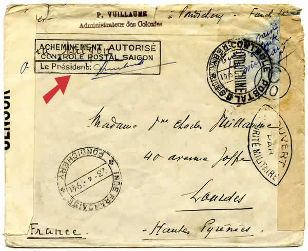 Lettre de Pondicherry pour la métropole via Saigon